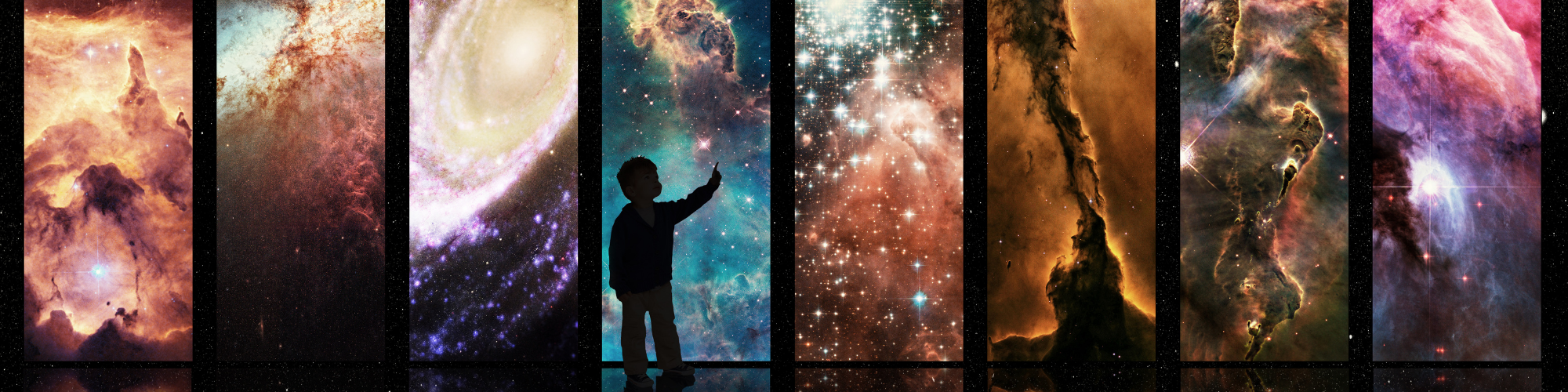 A collage picture of various spacey scenarios (galaxies, nebulae, etc) with a silhouette of a child in the centre area