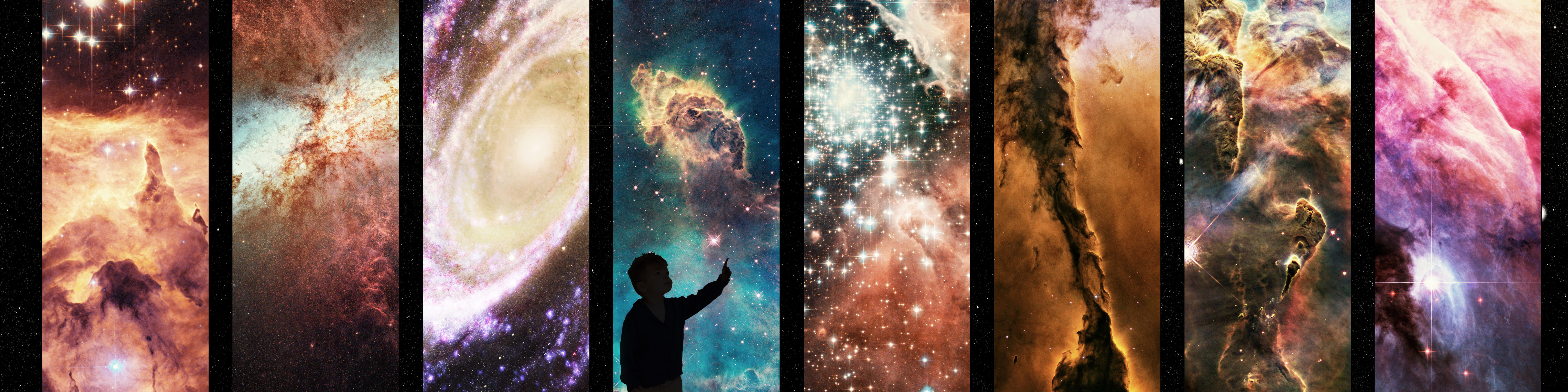 A collage picture of various spacey scenarios (galaxies, nebulae, etc) with a silhouette of a child in the centre area